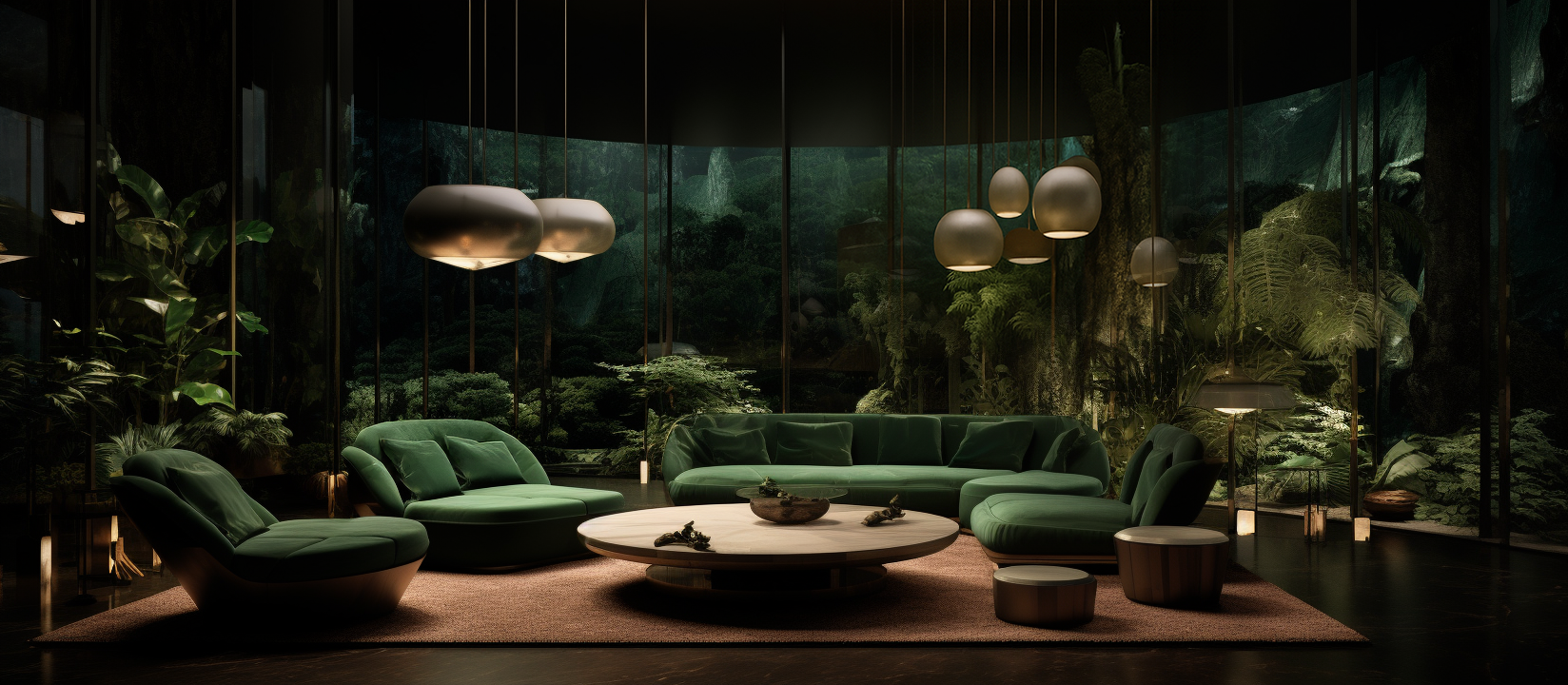 Private conversational retreat with plush emerald sofas, low tables, and biophilic design at ÓM Hotel Mumbai.